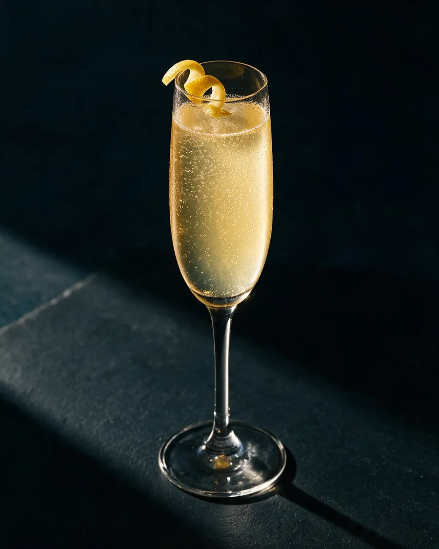 French 75 i champagneglas med citronzest