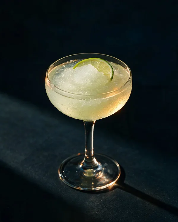 Blekvit Frozen Daiquiri i coupe med slät slushkonsistens och en limeskiva på kanten