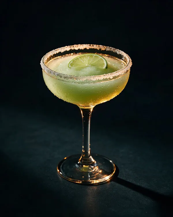 Blekgrön Frozen Margarita i coupe med saltkant och en limeskiva