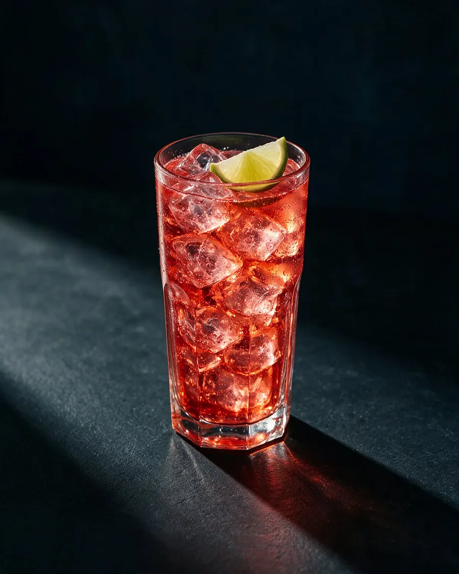 Rosa Geting i highballglas med is, bubblor och en limeklyfta