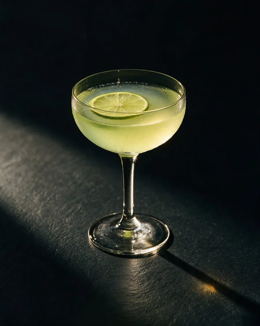 Blekgrön Gimlet i kylt coupeglas med ett tunt limehjul på kanten