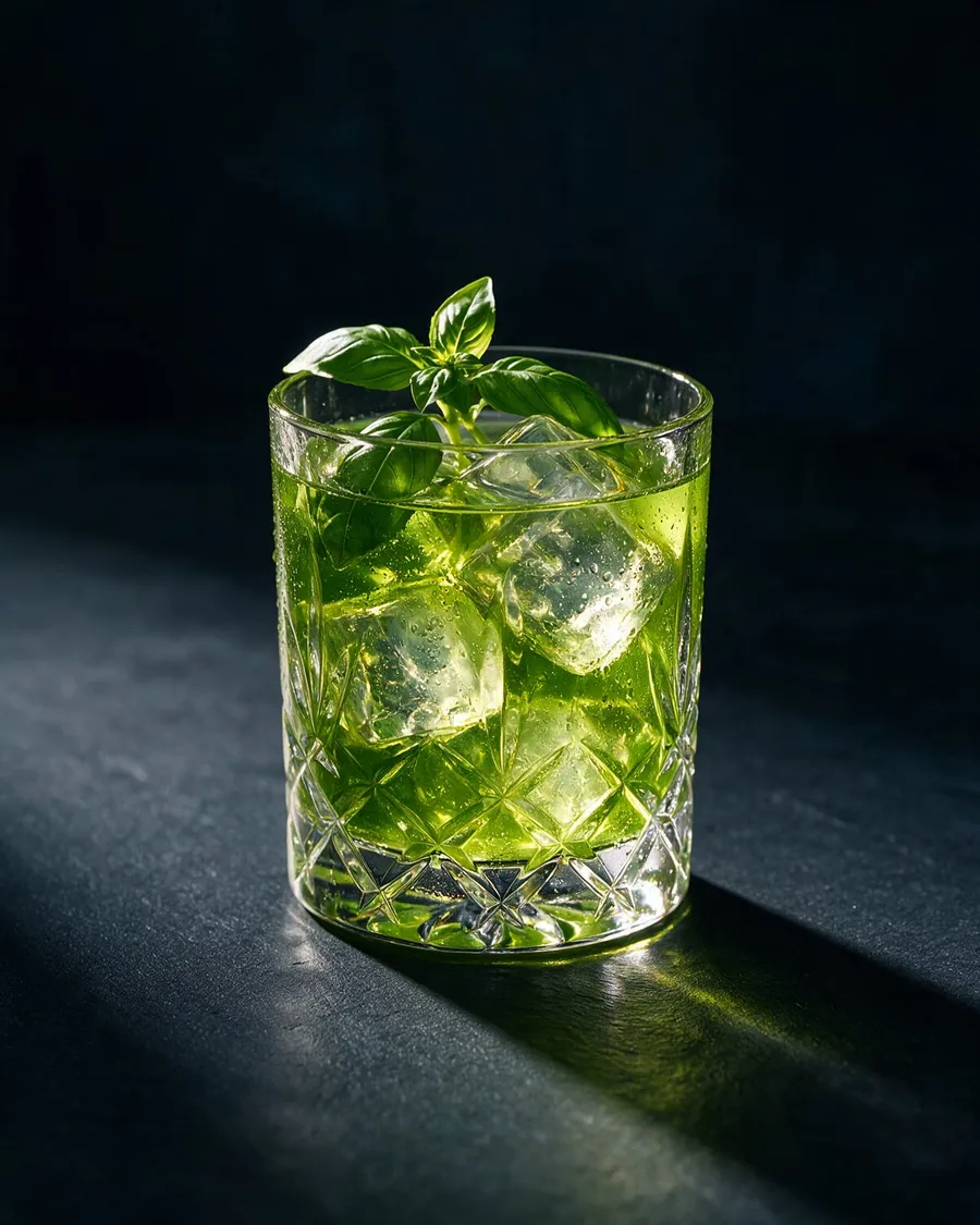 Klargrön Gin Basil Smash i rocksglas med is och en färsk basilikakvist