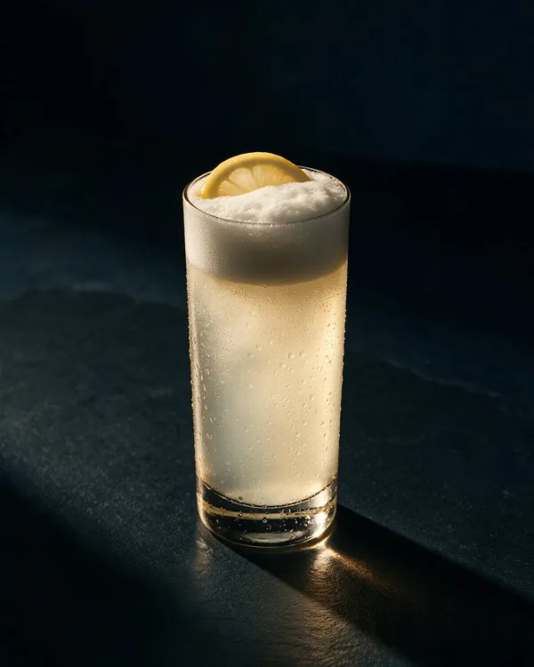Blekgul Gin Fizz i highballglas utan is med fint skum och en citronskiva