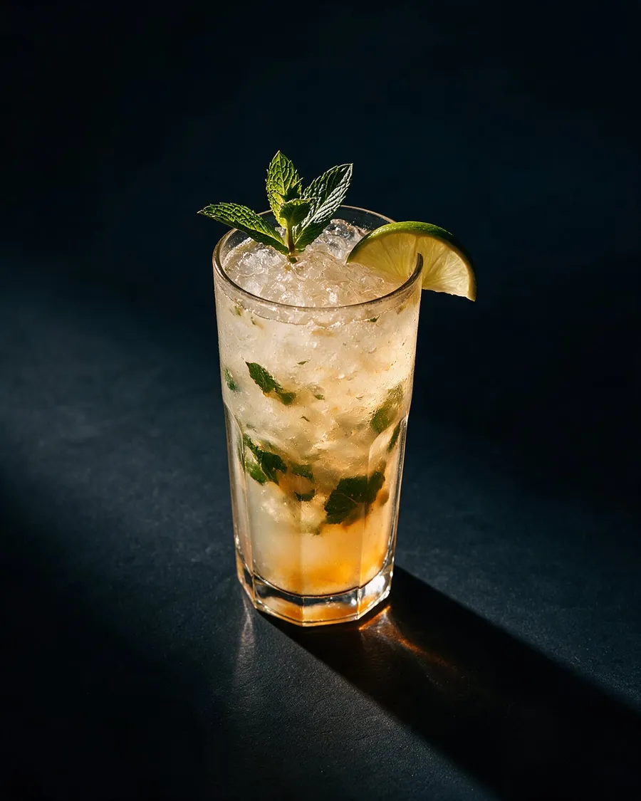 Gin Gin Mule i highballglas med is, mynta och en limeklyfta