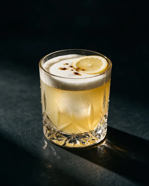 Blekgul Gin Sour i rocksglas med vitt skum och mönster av bitterdroppar