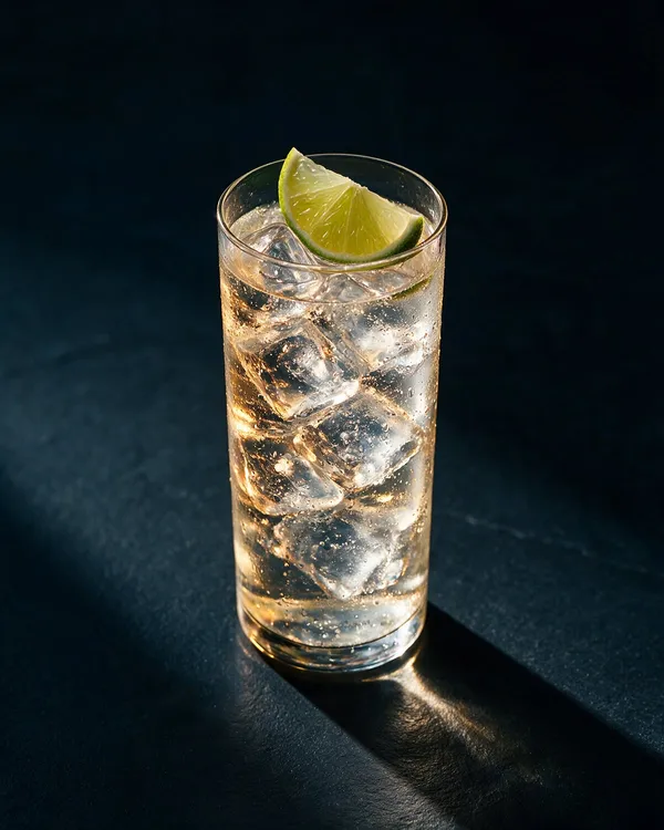Gin och tonic i highballglas fyllt med is och lime