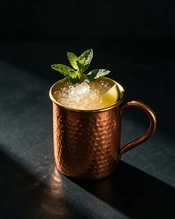 Alkoholfri ginger mule i kopparmugg med is, mynta och lime
