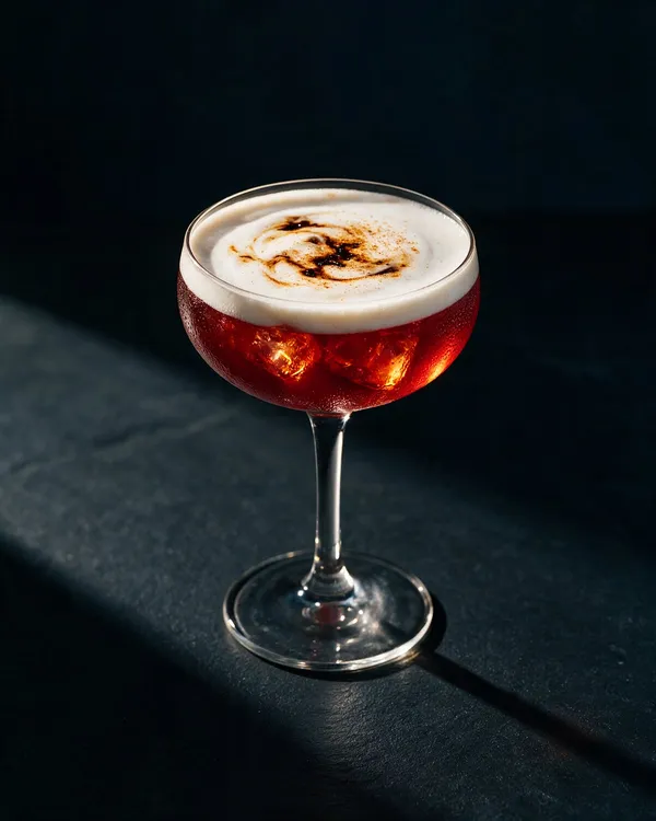 Mörkröd Glögg Sour i coupeglas med vitt skum och mönster av bitters