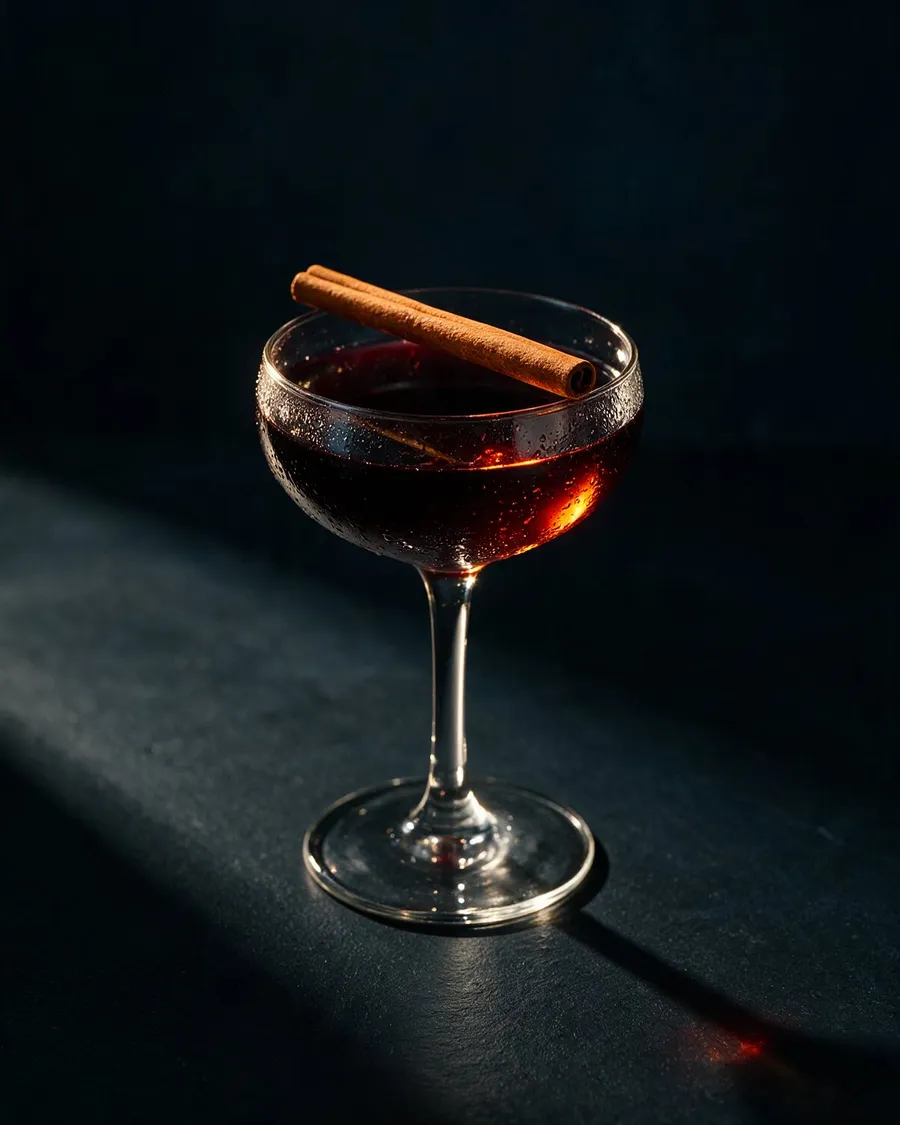 Mörkröd glöggdrink i coupeglas med kanelstång