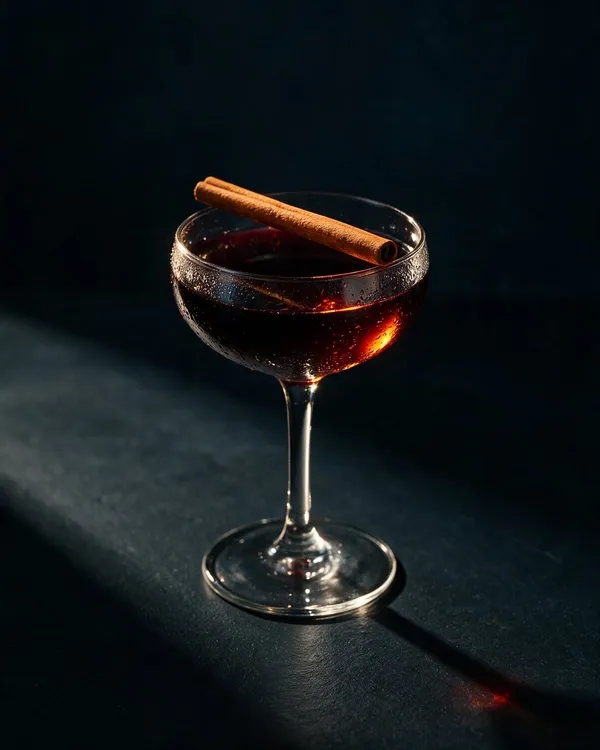 Mörkröd glöggdrink i coupeglas med kanelstång