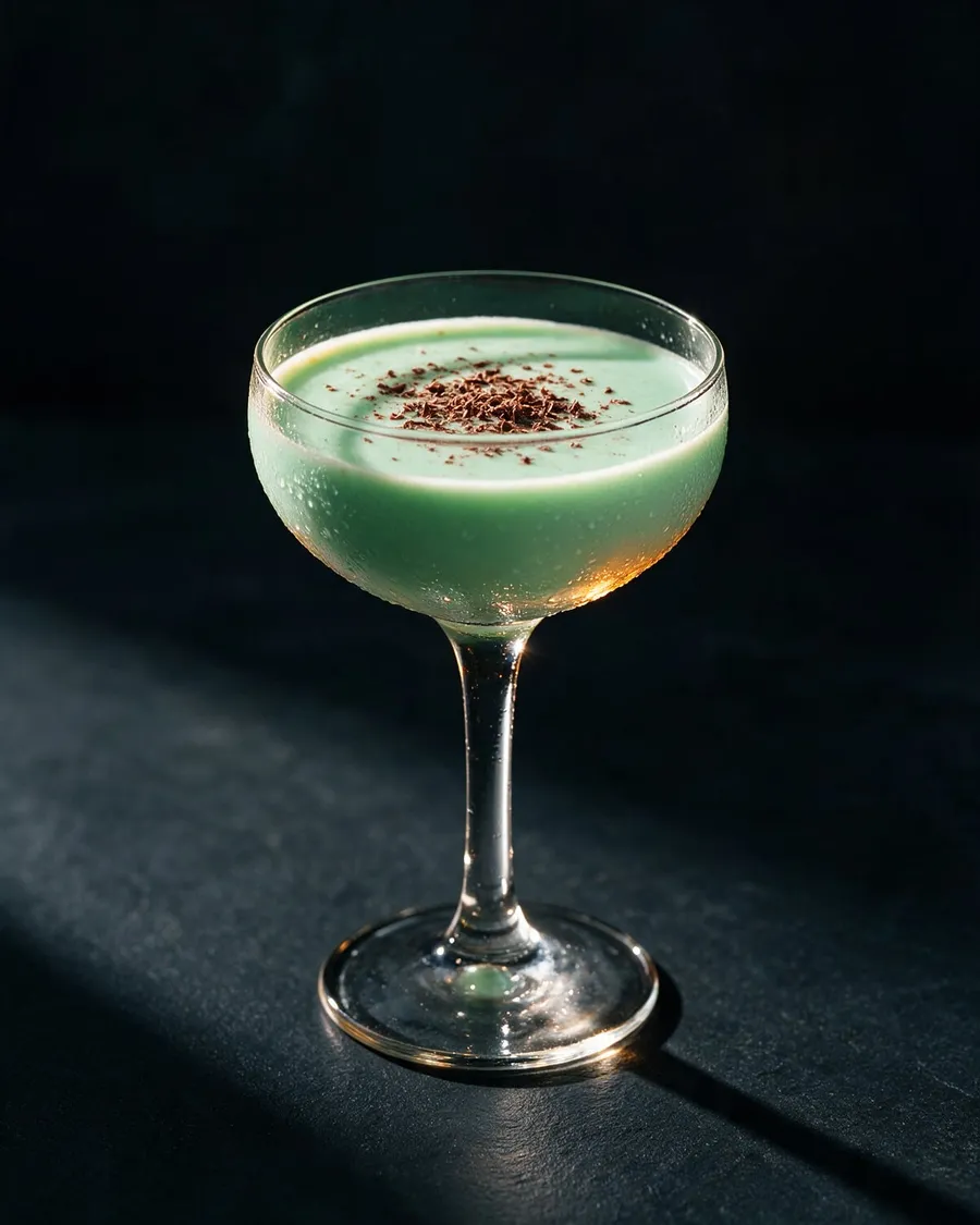 Ljusgrön Grasshopper i coupeglas med riven choklad på ytan