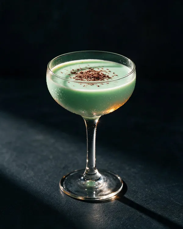 Ljusgrön Grasshopper i coupeglas med riven choklad på ytan