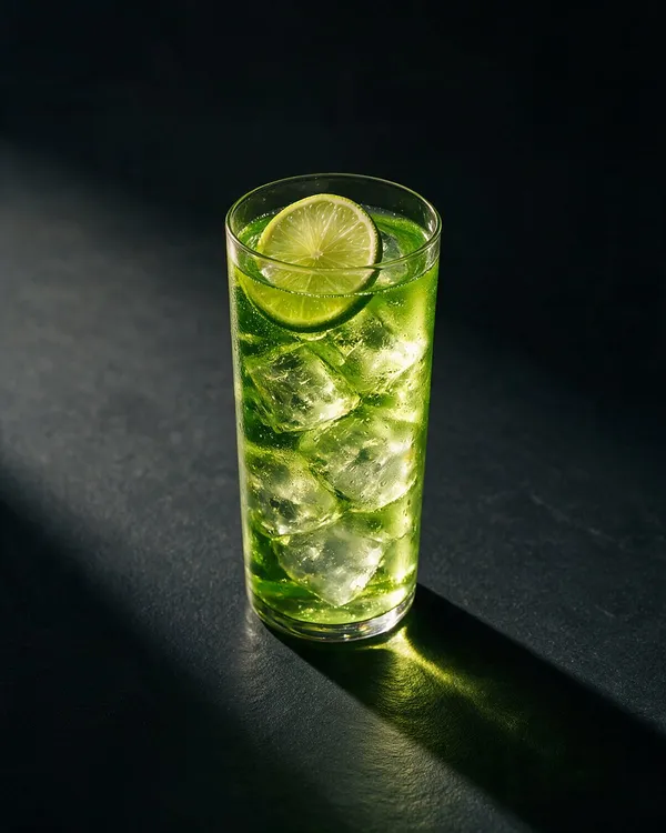 Klargrön Gröna Hissen i highballglas med is, bubblor och en limeskiva