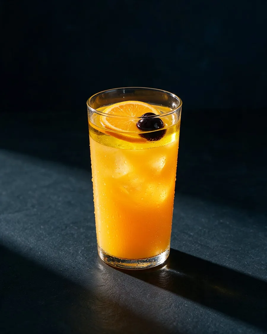 Orange Harvey Wallbanger i highballglas med ett gult lager Galliano på toppen och en apelsinskiva