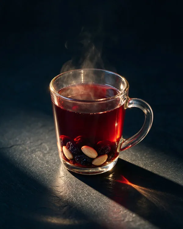 Ångande mörkröd glögg i glasmugg med russin och mandel i botten och en kanelstång
