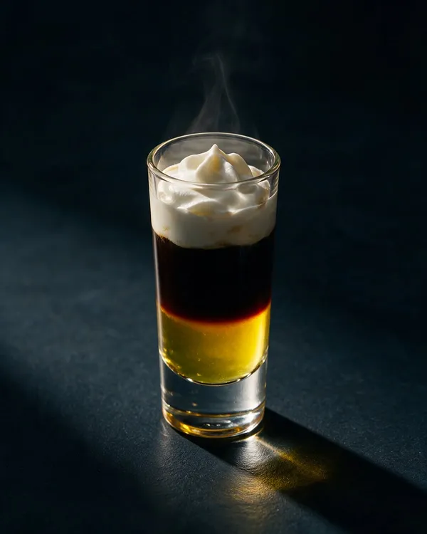 Hot Shot i högt shotglas med tre tydliga lager av gul Galliano, svart kaffe och vit grädde