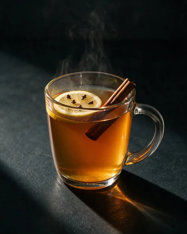 Ångande Hot Toddy i glasmugg med citronskiva, nejlikor och en kanelstång