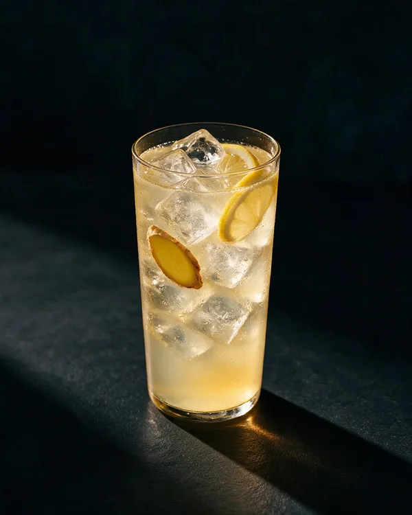 Ljusgul ingefärslemonad i highballglas med is, citronskiva och ingefära