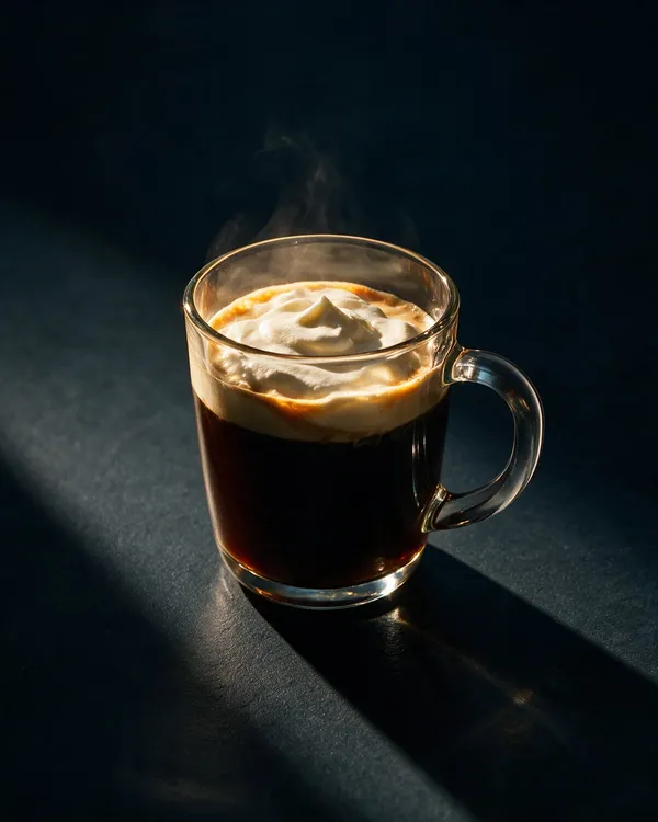Irish Coffee i glasmugg med mörkt kaffe och ett tjockt vitt lager grädde på toppen