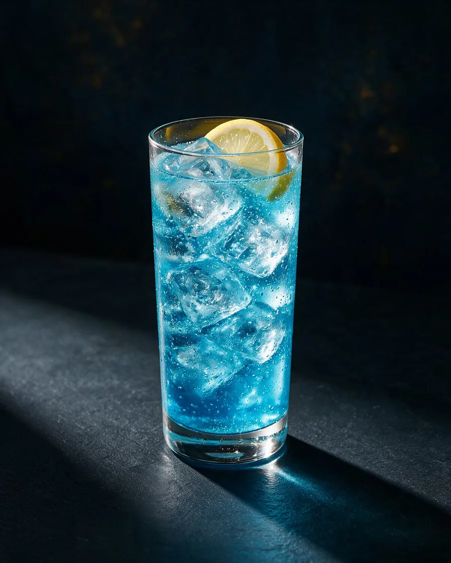 Klarblå Isbjörn i highballglas med is, bubblor och en citronskiva