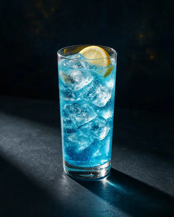 Klarblå Isbjörn i highballglas med is, bubblor och en citronskiva