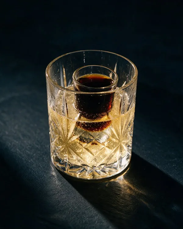 Jägerbomb med ett shotglas Jägermeister nedsläppt i ett rocksglas med energidryck
