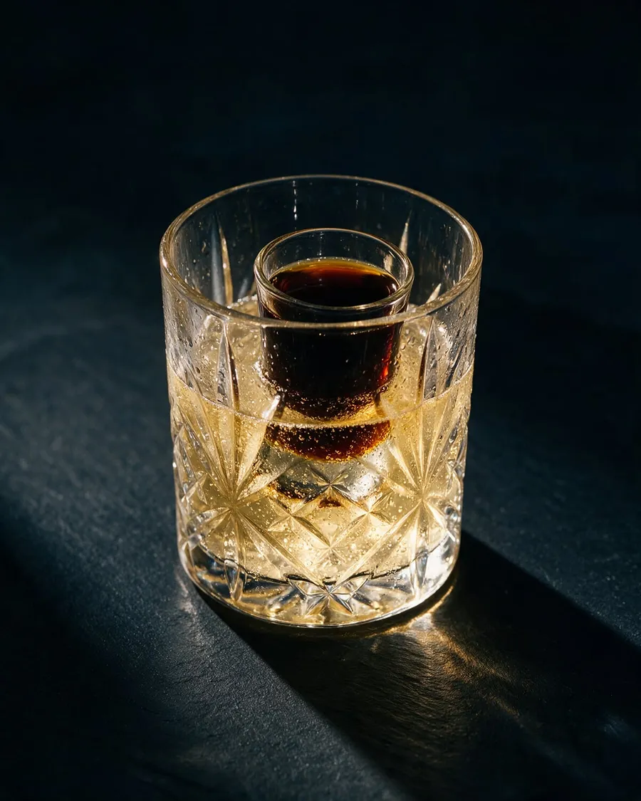 Jägerbomb med ett shotglas Jägermeister nedsläppt i ett rocksglas med energidryck