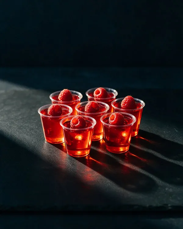 Röda Jello shots i små genomskinliga plastkoppar på skiffer, toppade med färska hallon