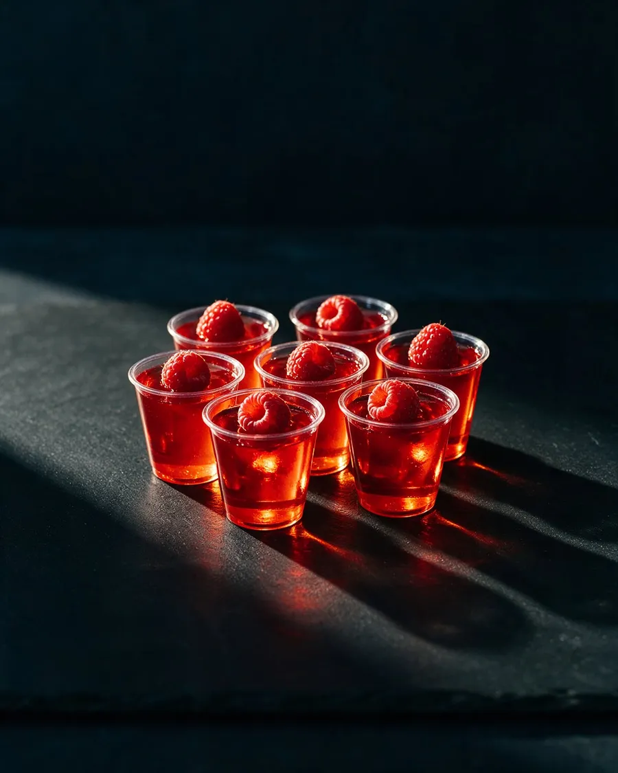 Röda Jello shots i små genomskinliga plastkoppar på skiffer, toppade med färska hallon