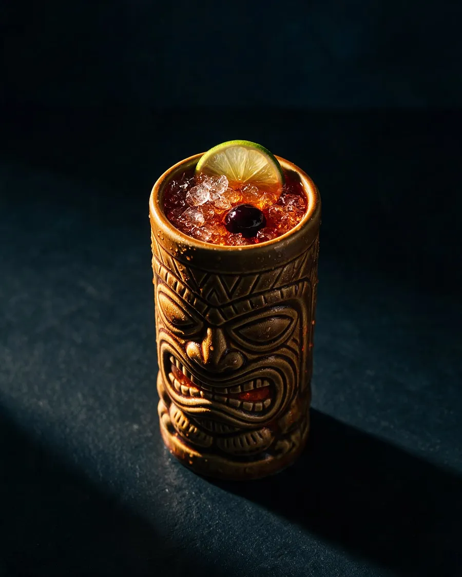 Bärnstensfärgad Jet Pilot i tikimugg med krossad is, limeskiva och cocktailbär