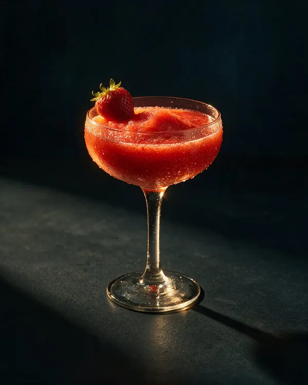 Tjock rosaröd Jordgubbsdaiquiri i coupe med en halv jordgubbe på glaskanten