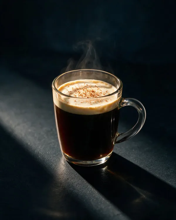 Varm Kaffe 43 i glasmugg med ett vitt gräddlock och strödd muskot