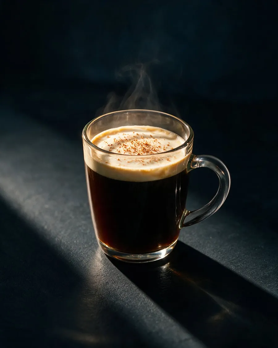 Varm Kaffe 43 i glasmugg med ett vitt gräddlock och strödd muskot