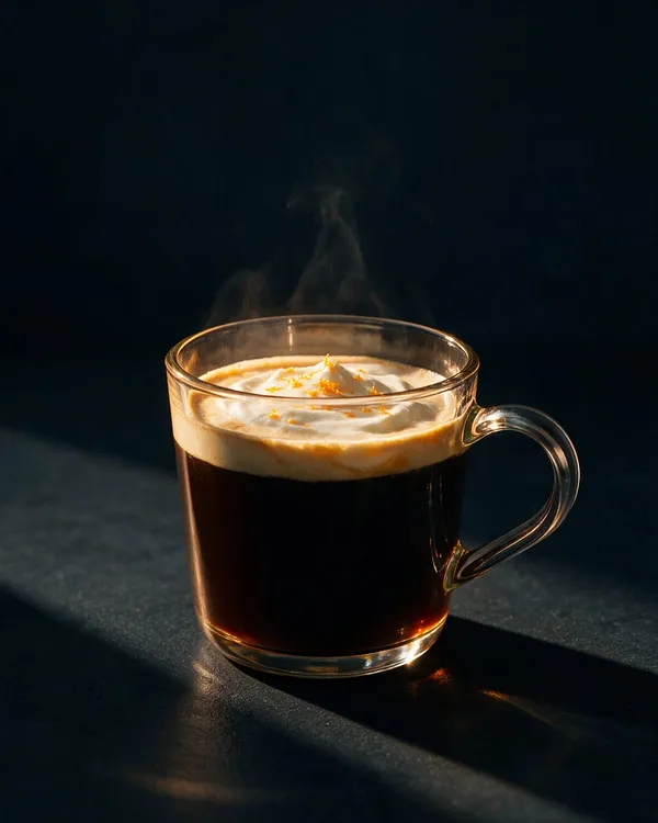 Varm Kaffe Karlsson i glasmugg med gräddlock och rivet apelsinskal