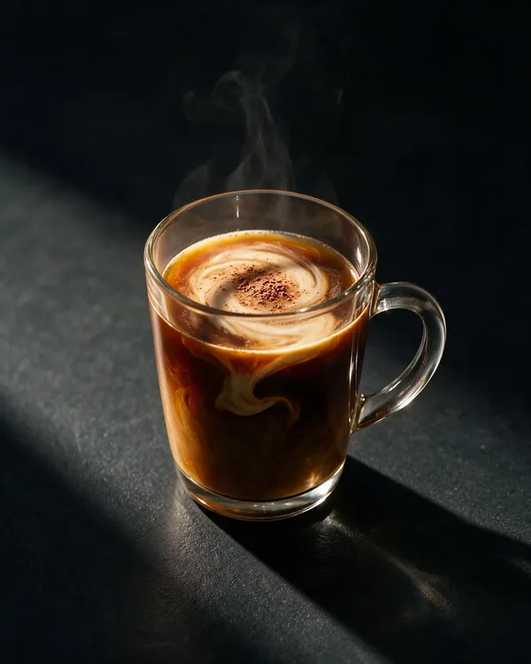 Varm Kaffe med Baileys i vit mugg med gräddlock och strödd kakao
