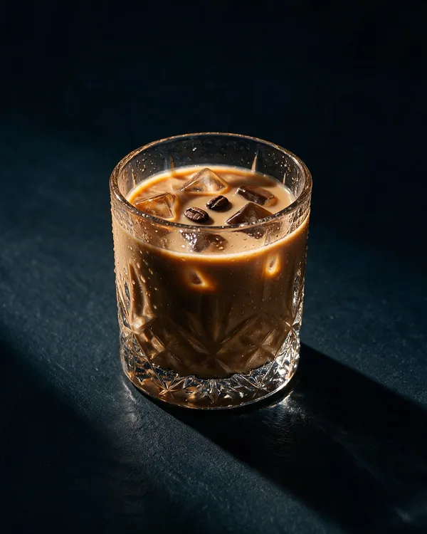 Ljusbrun Kahlúa med mjölk i rocksglas med is och tre kaffebönor på toppen