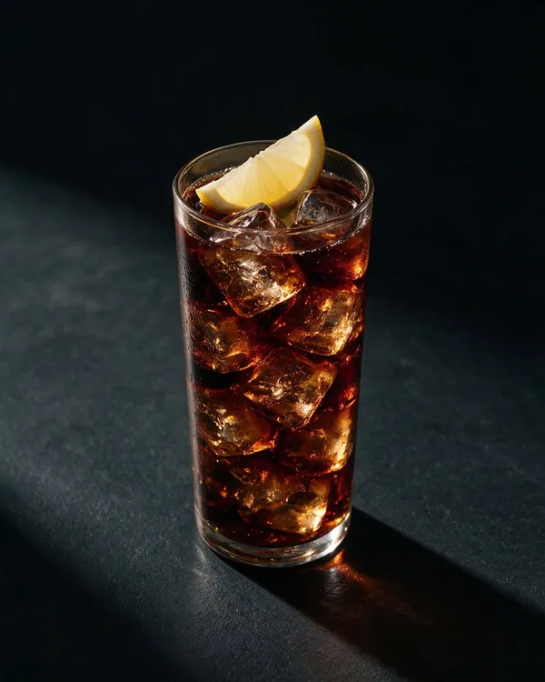 Mörk Kalimotxo i highballglas med is, bubblor och en citronklyfta