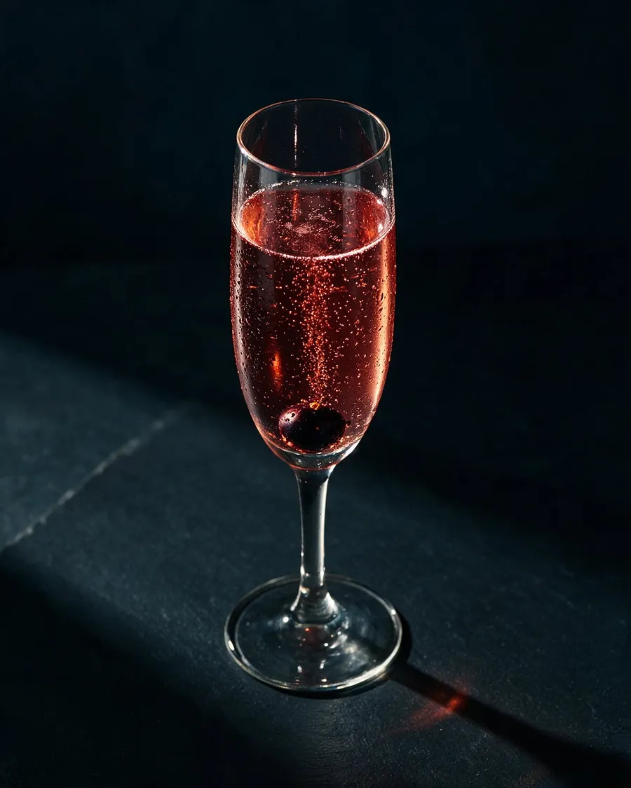 Rosaröd Kir Royal i flöjtglas med fina bubblor och ett svart vinbär