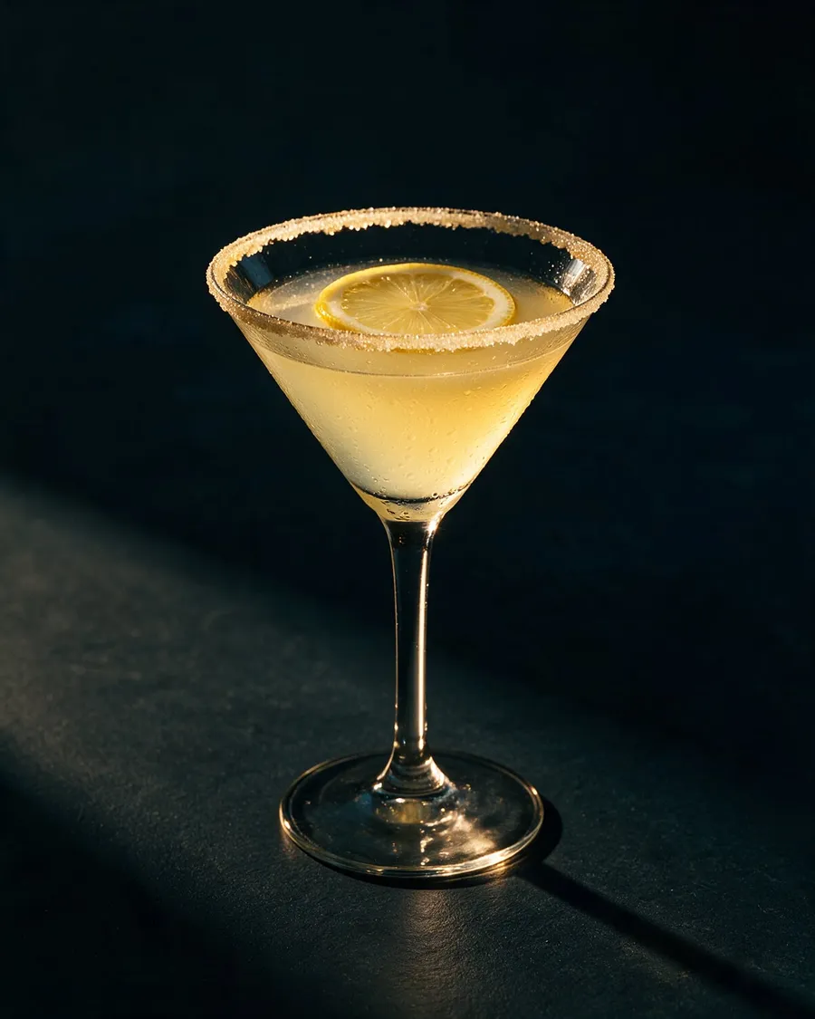 Blekgul Lemon Drop i martiniglas med sockerkant och ett tunt citronhjul
