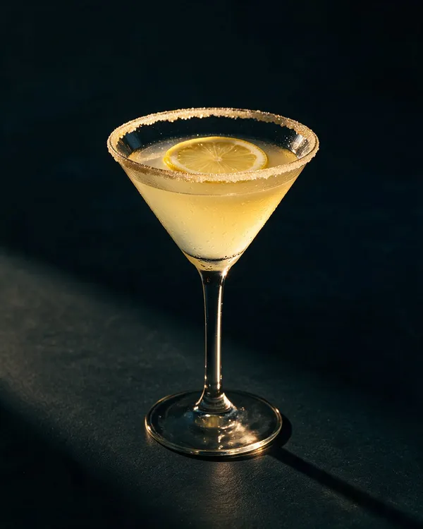 Blekgul Lemon Drop i martiniglas med sockerkant och ett tunt citronhjul