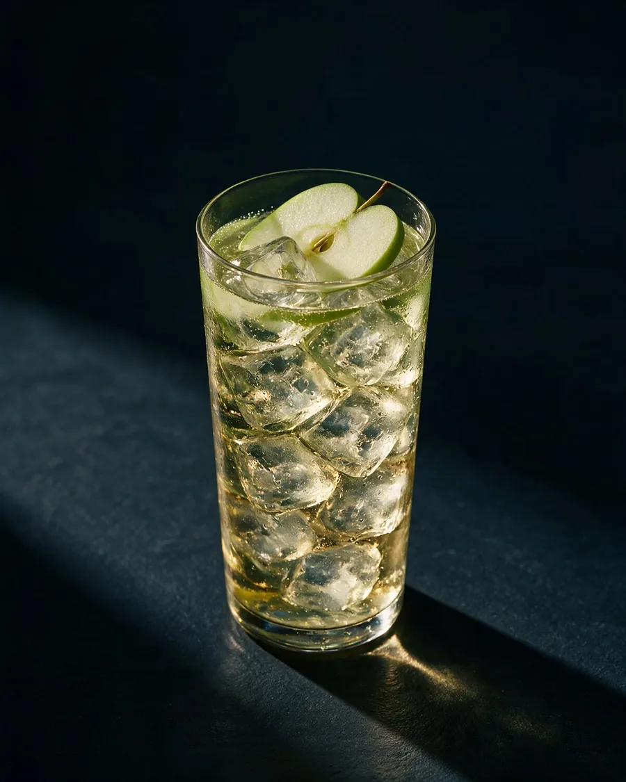 Ljusgrön Lennart i highballglas med is och en tunn äppelskiva på kanten