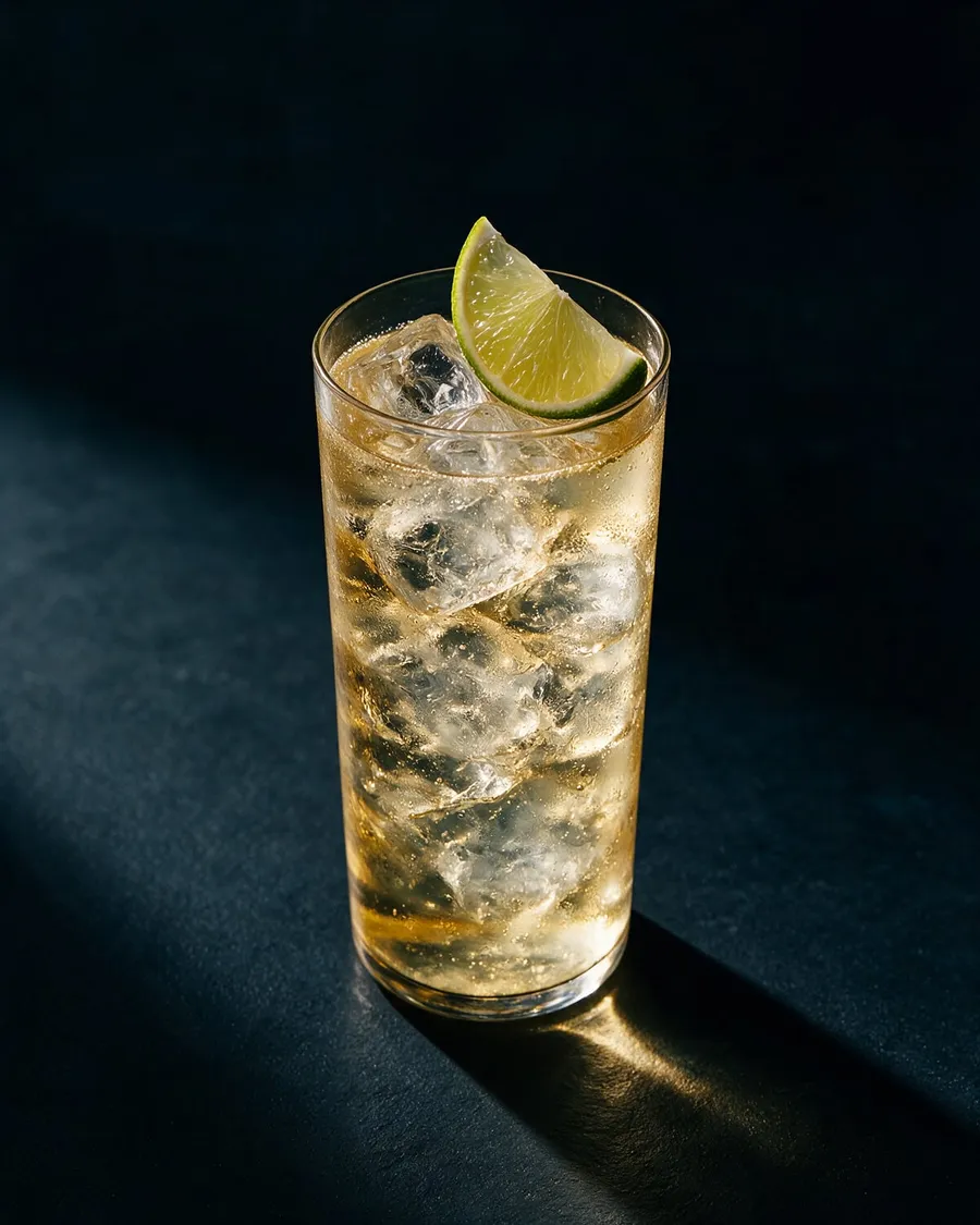 Gyllene Likör 43 med ginger ale i highballglas fyllt med is och en limeklyfta
