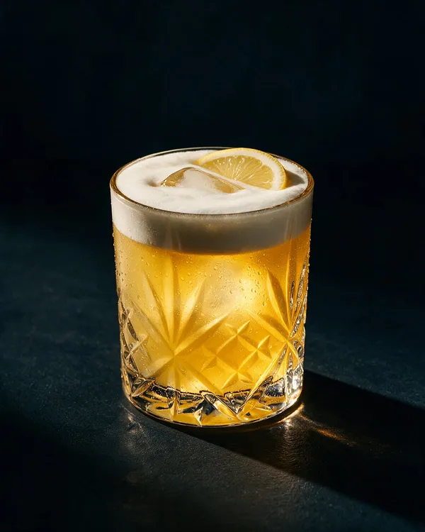 Likör 43 Sour i rocksglas med vitt skum, bittermönster och citronskiva