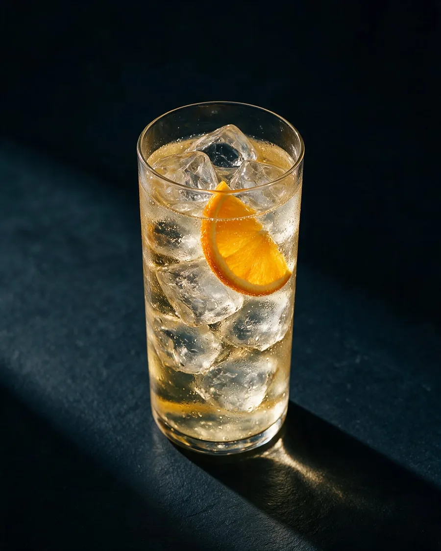 Ljusgul Likör 43 med tonic i highballglas med is och apelsinskiva