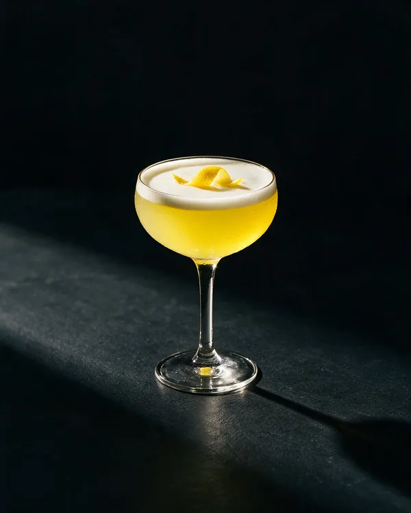 Ljusgul Limoncello Sour i coupeglas med tjockt vitt skum och citronzest