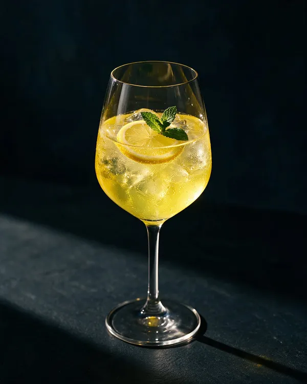 Ljusgul Limoncello Spritz i vinglas med is, citronskiva och mynta