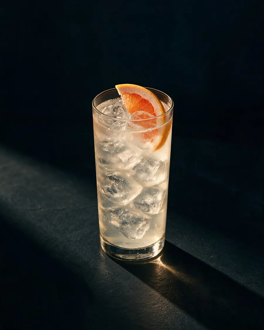 Ljusgul Long Drink i highballglas med is och en grapefruktskiva