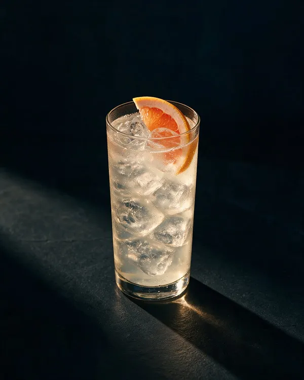 Ljusgul Long Drink i highballglas med is och en grapefruktskiva