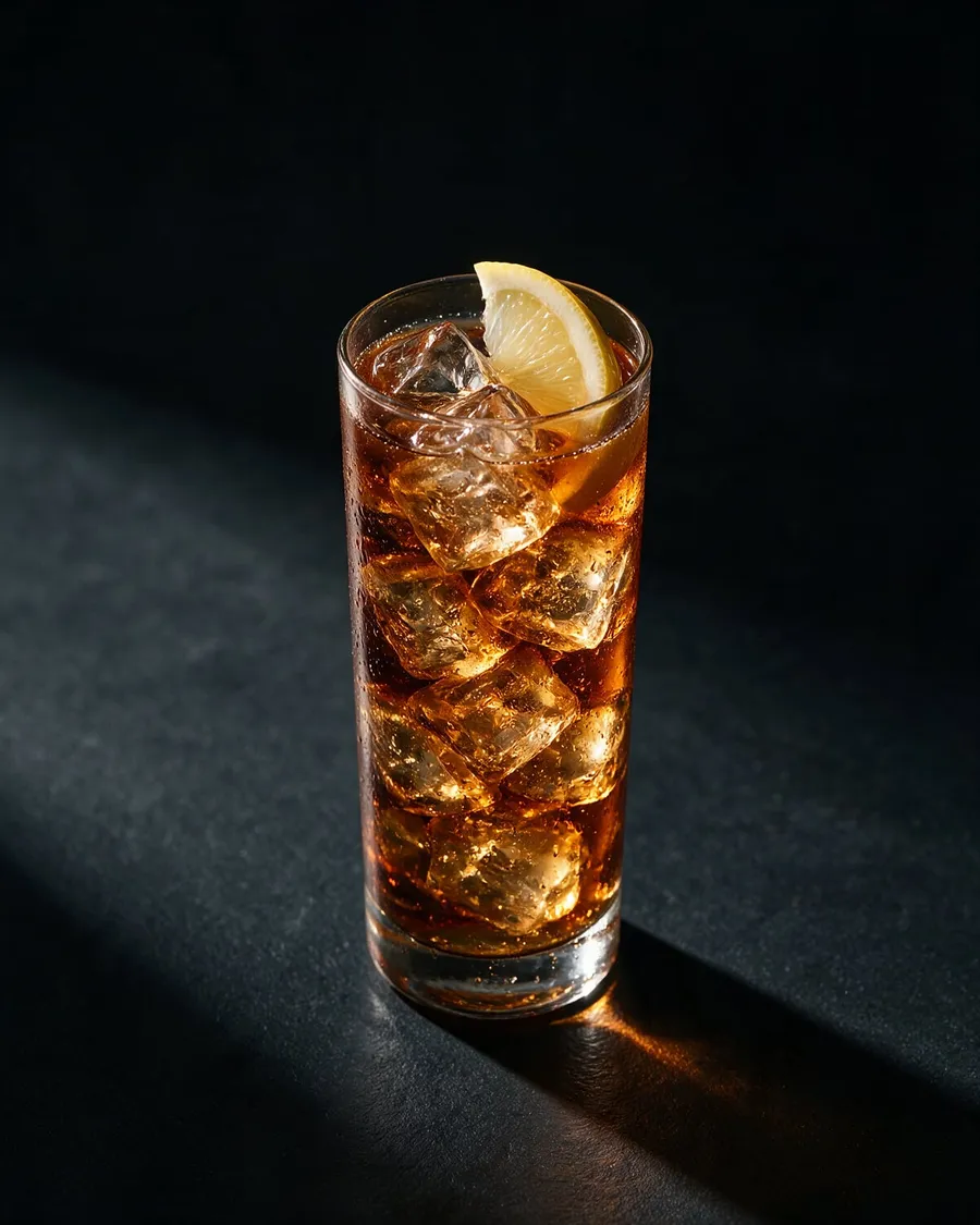 Long Island Iced Tea i högt collinsglas med is, citronklyfta och sugrör, bärnstensfärgad som iste
