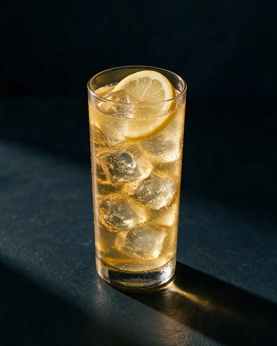 Ljusgul Lynchburg Lemonade i highballglas med is, bubblor och en citronskiva